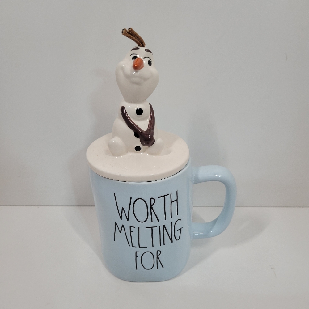 Rae Dunn Disney Frozen Blue Worth Melting For Olaf Mug with Topper